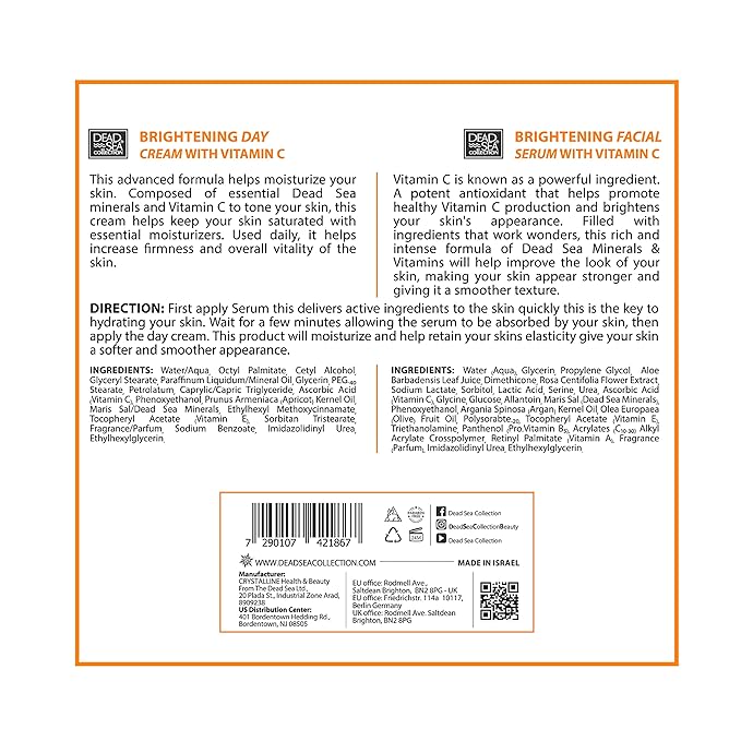Dead Sea Collection Facial Vitamin C Kit - Day Cream (1.69fl.oz/50ml jar) & Facial Serum (1.69fl.oz/50ml bottle) - Pure Dead Sea Minerals - Anti-Wrinkle Hydration Smooth and Moisturized Skin