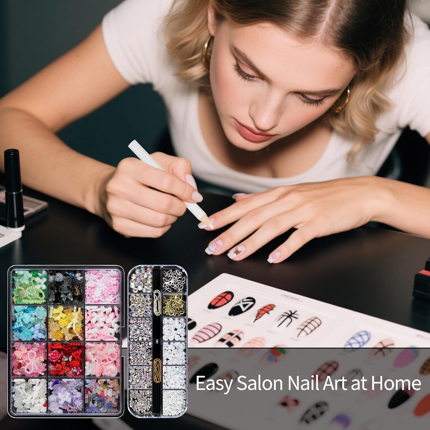 Artdone Nail Art Studs Kit, 2 boxes Multicolor 3D Charms Flower Butterfly Snake Rabbit Diamond Cute Nail Jewels for DIY Decoration with Pickup Tools