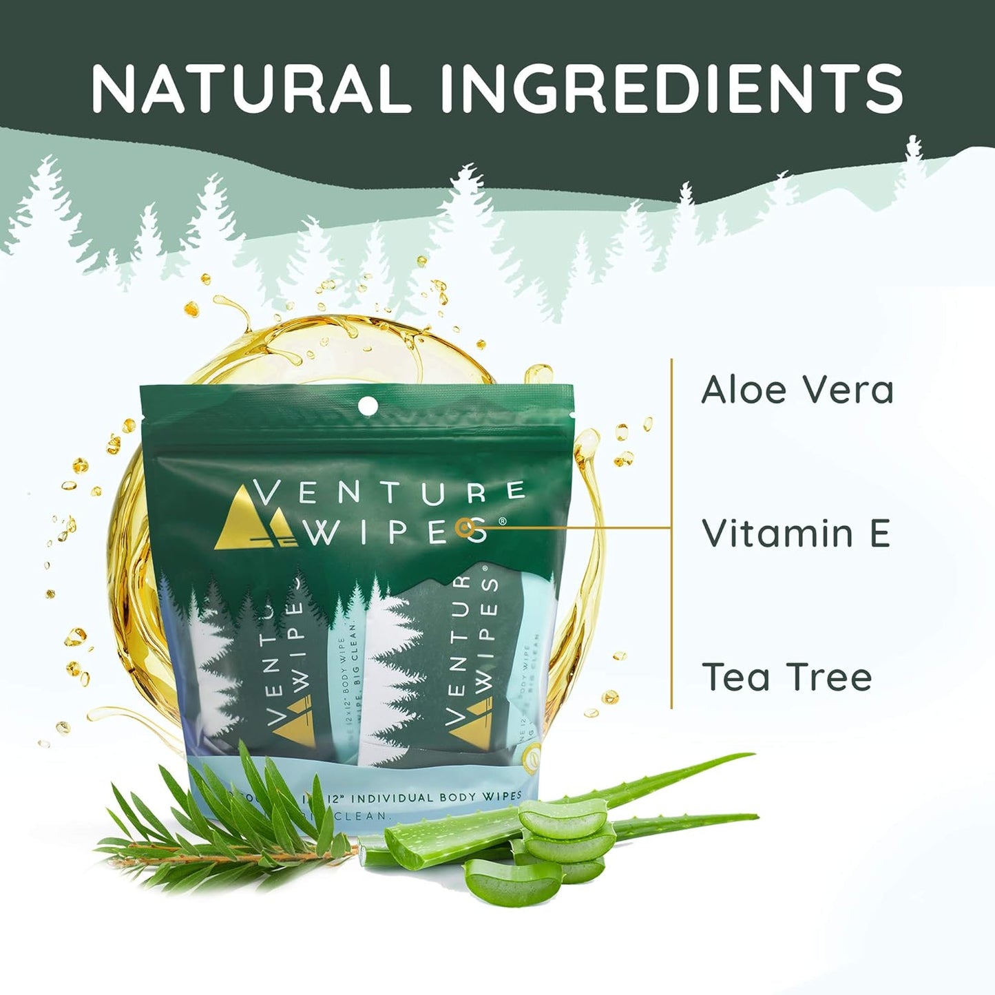 Venture Wipes Tea Tree Oil Body Wipes - Adventure Wipes for Adults - Biodegradable Cleansing With Aloe and Vitamin E - Camping Essentials - Individually Wrapped - 10 Count Bag