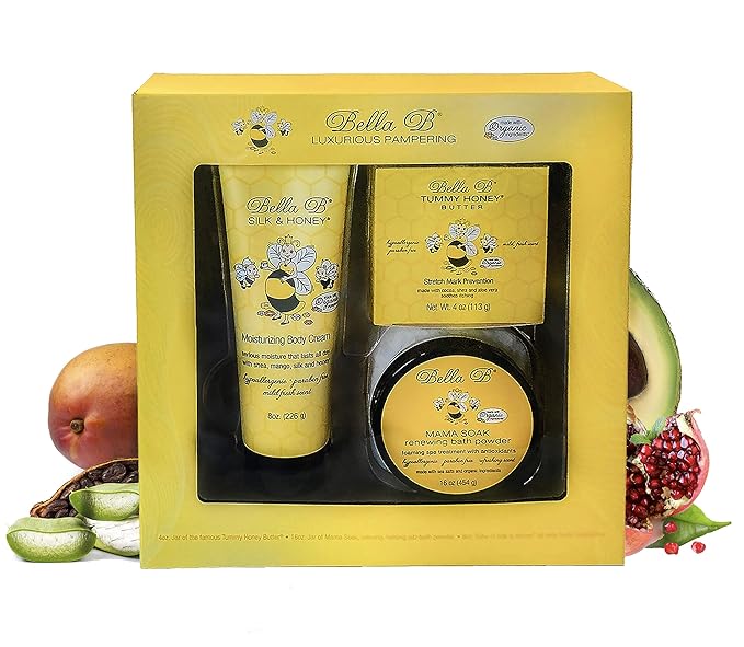 BELLA B 3-Piece Gift Set - Pregnancy Gifts For First Time Moms - Pregnant Mom Gifts - Mom To Be Gifts - Pregnancy Gift Basket - Sitz Bath Soak - Honey Tummy Butter - Silk And Honey Moisturizing Cream