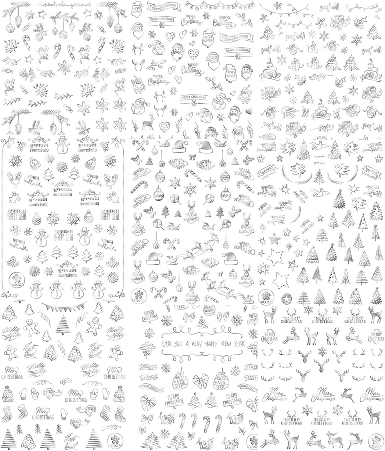 HNUIX Nail Stickers - 3D Christmas, Self Adhesive Nail Decals, Multi Pattern, Silver, 9 Sheets, for Nail Art
