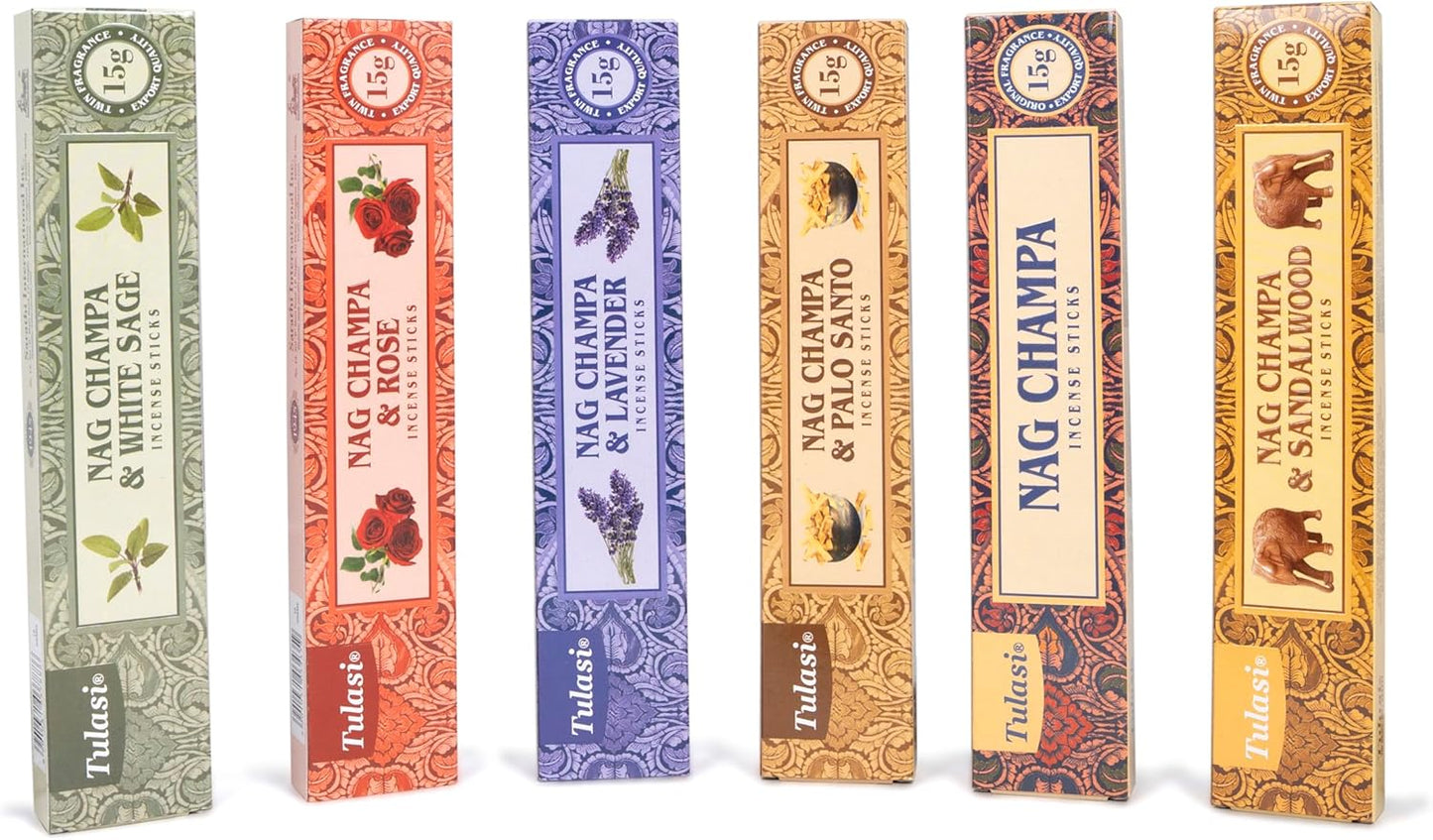Tulasi Nag Champa Incense Sticks Gift Pack of 6, Hand Rolled Fragrance Incense Sticks for Aromatherapy, Relaxing, Yoga, Meditation, Prayer, Agarbatti Stick with Natural Oils (15gm x 6)