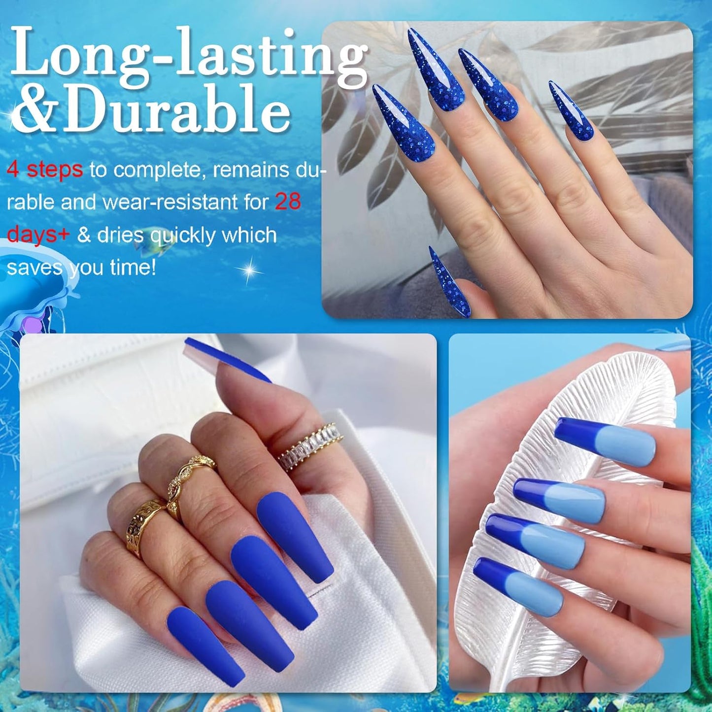 Honey Joy Dip Powder Nail Kit Starter,4 Colors Navy Blue Sky Blue Purple Glitter Dipping Powder Liquid Set with Base Top Coat for Nail Art Manicure Salon DIY No LED Nail Lamp Neededļ¼Dip-7pcs-04