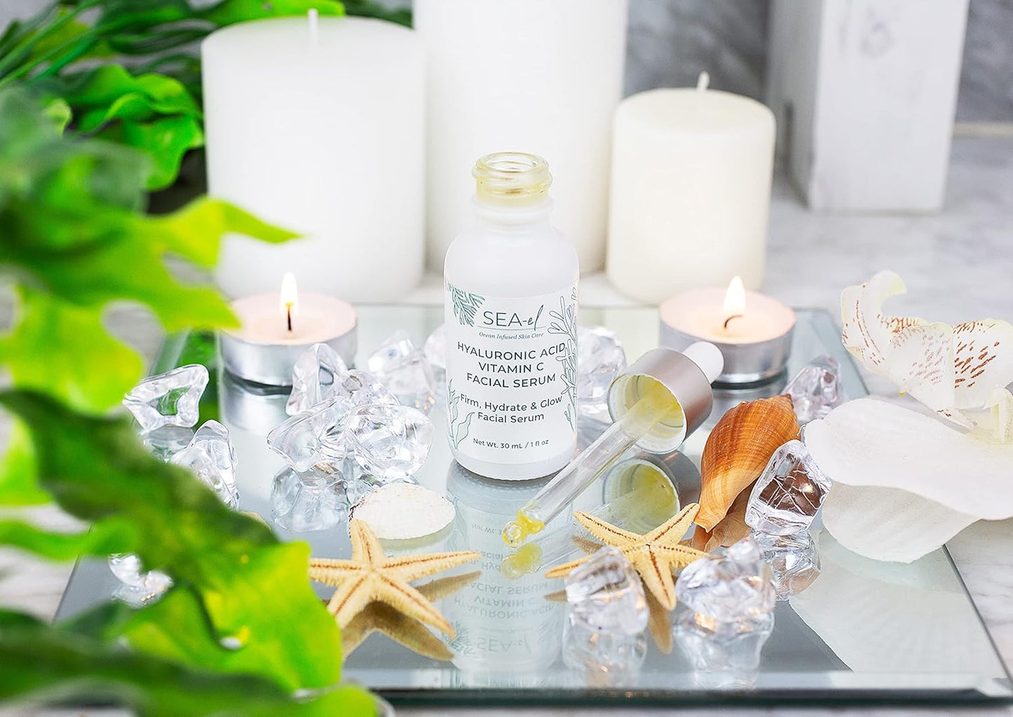 Sea-el Hyaluronic Acid & Vitamin C Facial Serum Drops Firming Hydration & Glow Anti Aging Face Moisturizer - Daily Wrinkle Diminishing Skin Care for Women & Men, Vegan - 1 Fl Oz