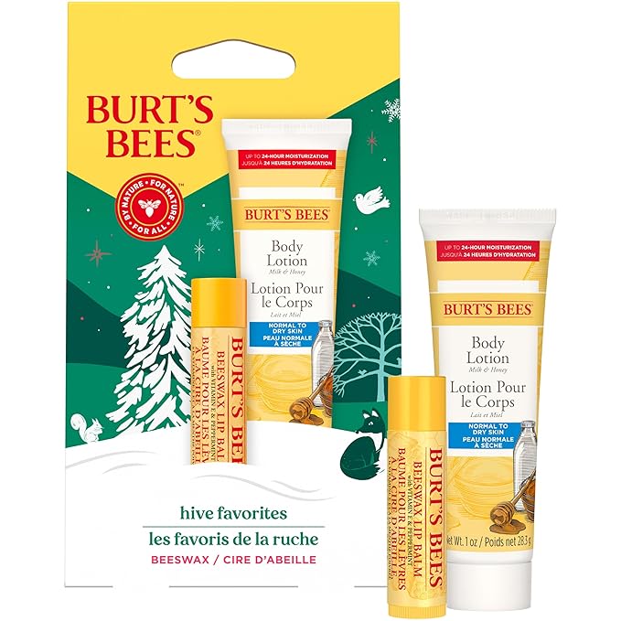 Burt's Bees Hive Favorites Beeswax Holiday Gift Set, Beeswax Lip Balm and Travel Size Body Lotion with Milk and Honey