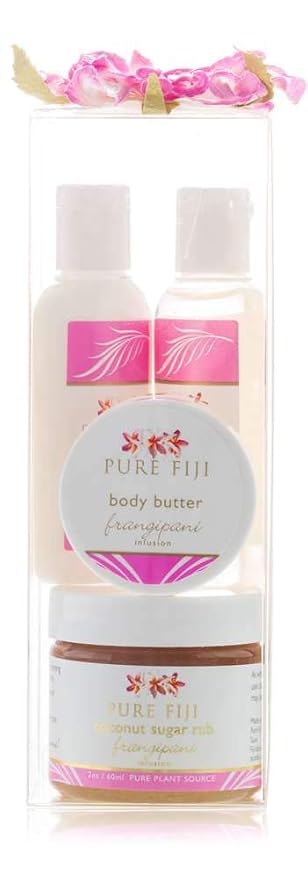 Pure Fiji Spa Gifts for Women and Man - Body Gift Box Include: Sugar Scrub , Bath and Body Oil, Body Butter and Body Lotion, Scent Frangipani