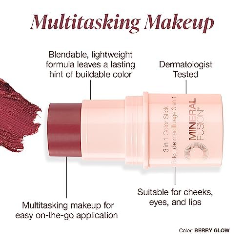 Mineral Fusion 3-in-1 Color Stick - Hydrating Tinted Cream Blush for Cheeks, Lip and Eye - Natural Multi Use Makeup (Berry Glow)