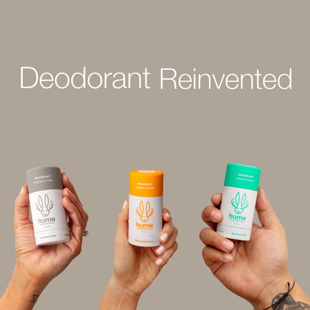Hume Supernatural Aluminum Free Deodorant for Women & Men - Safe for Sensitive Skin - Probiotic, Plant-Based, Baking Soda Free, Aloe, & Cactus Flower, Anti Sweat, Stain & Odor - Amber Woods, 2 pack
