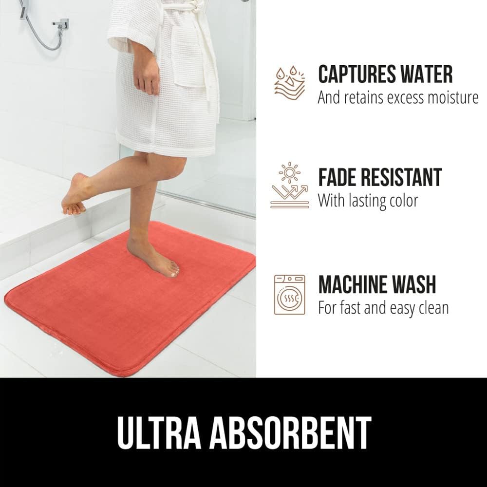 GORILLA GRIP Memory Foam Bath Mat, Soft Absorbent Velvet Bathroom Mats, Durable Dots on Underside, Machine Washable Bathmat, Carpet Rug Room Decor for Shower Tub Floor RV, 30x20 Rugs, Coral