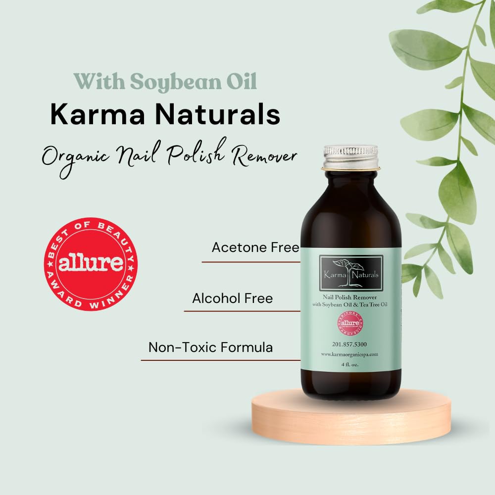 Karma Organic Nail Polish Remover with Soybean Oil and Tea Tree Oil- Non Toxic, Vegan, Cruelty Free, Acetone Free – Nails Strengthener for Fingernails – 4 fl. Oz