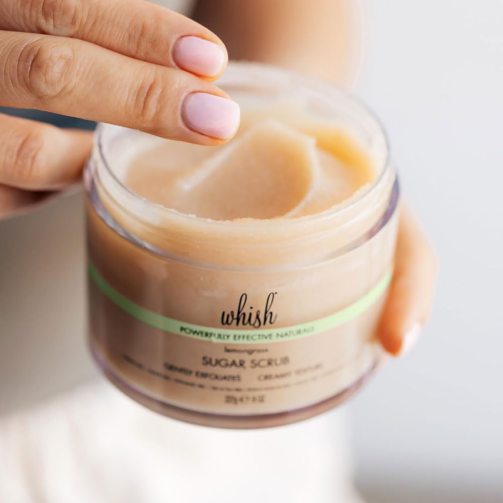 Whish Beauty Lemongrass Exfoliating Sugar Scrub - Body Scrub for Women - Brown Sugar Exfoliator with Raspberry, Aloe, & Shea Butter - Gentle on All Skin Types - Paraben & Sulfate Free - 8 oz