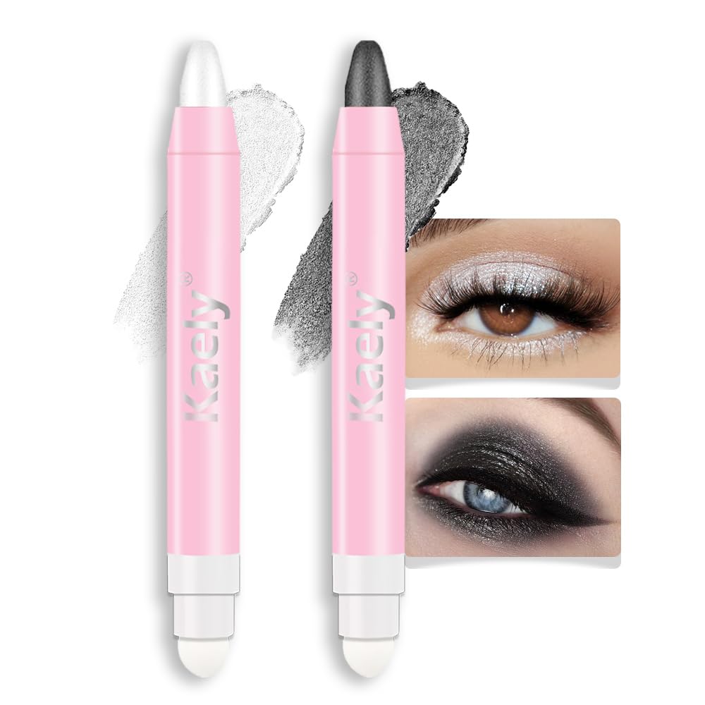 evpct 2Pcs Cream Eye Shadow Brightener Sticks Set for Eyes Waterproof, Pearl White & Pearl Black Shimmer Cream Eyeshadow Applicator Stick Pigmented Eye Makeup sombras en crema para ojos 01+03
