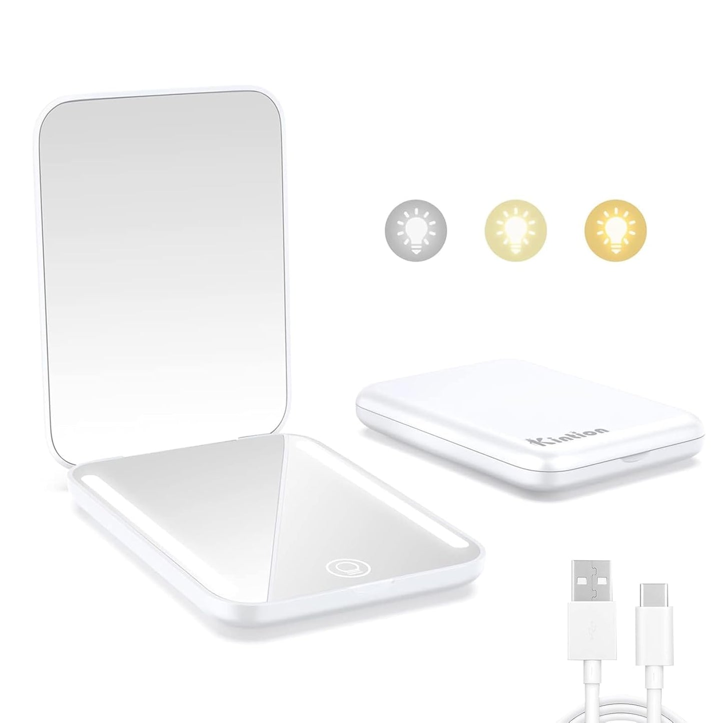 Kintion Rechargeable Pocket Mirror, Double Sided 1X/3X Magnification Compact Vanity Mirror, 3 Color Lights, Dimmable, Small Portable Wallet Mirror, Lighted Travel Mirror for Women Gifts, White