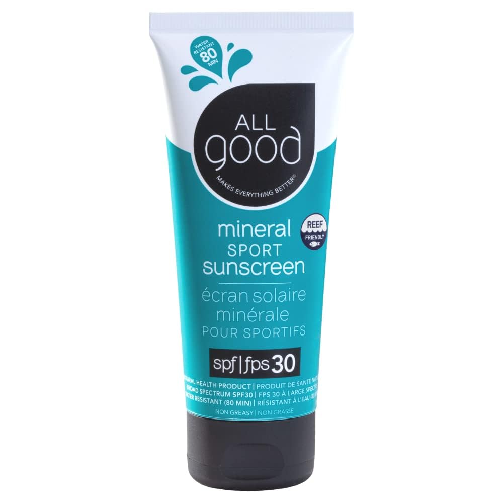 All Good Sunscreen - Sport Mineral Sunscreen Lotion, Reef Friendly, SPF 30+ for Face & Body, Water & Sweat Resistant (3 oz)