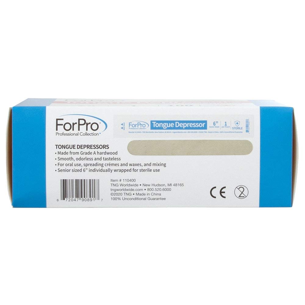 ForPro Professional Collection Senior Tongue Depressors, Large Wax Applicator Sticks, 6" Sized, Sterile, Individually Wrapped, 100 Count, Pack of 6