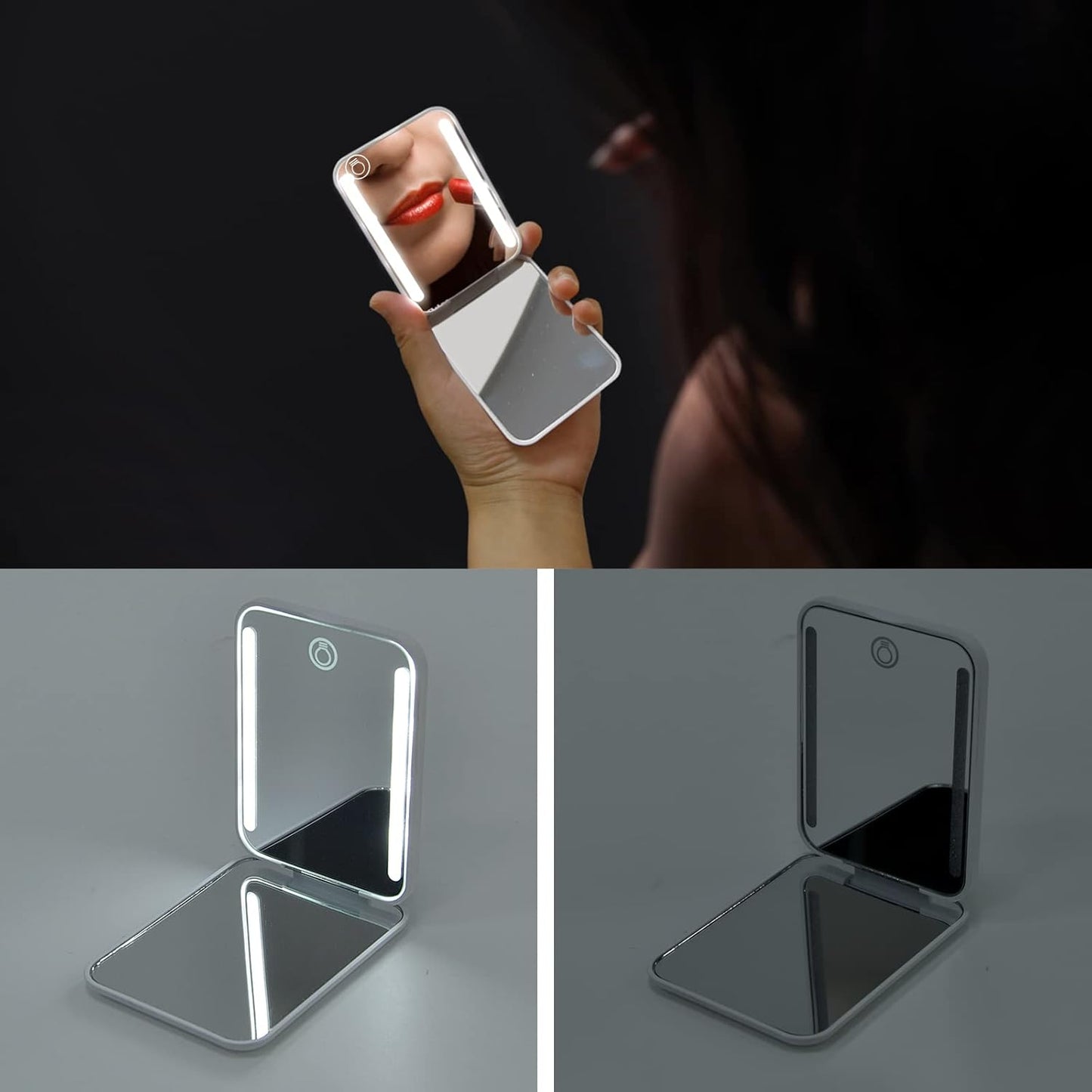 Kintion Rechargeable Pocket Mirror, Double Sided 1X/3X Magnification Compact Vanity Mirror, 3 Color Lights, Dimmable, Small Portable Wallet Mirror, Lighted Travel Mirror for Women Gifts, White