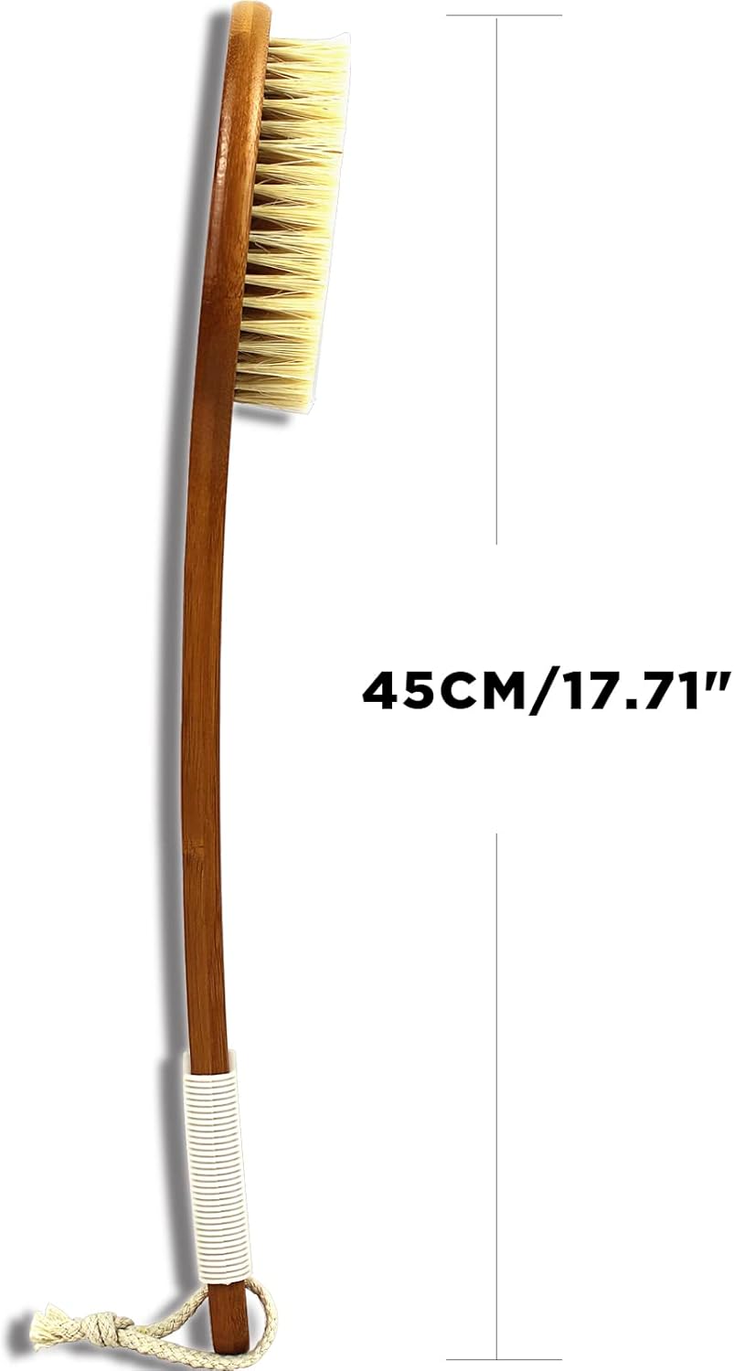 ICANdOIT-17.71Inch Natural Stiff Sisal Bristles Anti-Slip Long Handle Bath Brush,Bent Handle Shower Scrubber for Exfoliating,Shower Back Brush,Exfoliation Set with Pumice Stone(2 Pack)