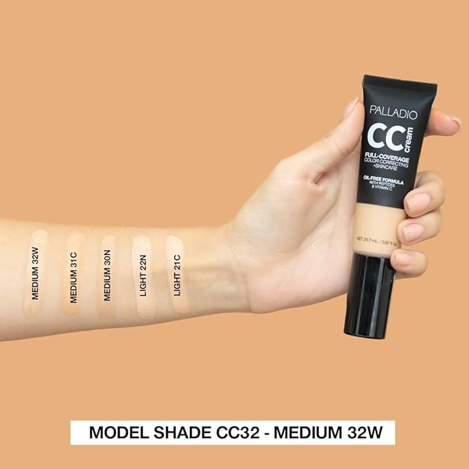 Palladio Full-Coverage Color Correction CC Cream, Oil-Free with Peptides & Vitamin C, Best for Correcting Redness and Uneven Skin Tone, Buildable Foundation Coverage (Med 32W)