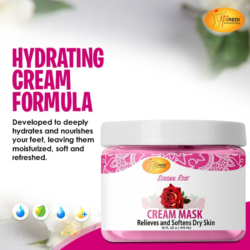 SPA REDI - Body and Foot Cream Mask, Sensual Rose, 16 Oz - Pedicure Massage for Tired Feet and Body, Hydrating, Fresh Skin - Infused with Hyaluronic Acid, Amino Acids, Panthenol, Comfrey Extract