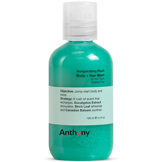Anthony Mens Body Wash and Shampoo: Invigorating Rush 2-In-1 Liquid Gel Soap & Hair Shampoo, Pine Wood Scent, Hydrating with Eucalyptus, Canadian Balsam, Birch Leaf, Charcoal, Sea Kelp, 3.4 Fl. Oz