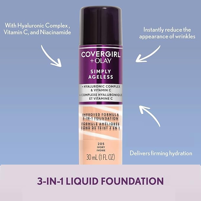 COVERGIRL+OLAY Simply Ageless 3-in-1 Liquid Foundation, Soft Honey, 1 Fl Oz (Pack of 1)
