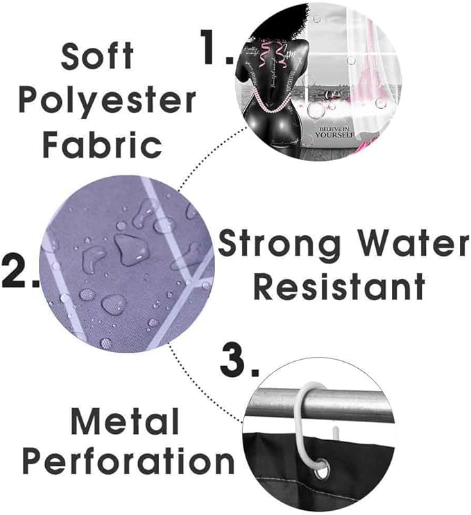 4PCS African American Black Girl Shower Curtain Set, Pink Eiffel Tower Sexy Black Woman Afro Girl Black and White Fashion Glam Modern Bathroom Decor, Non-Slip Bath Mat, Inspirational Gifts for Women