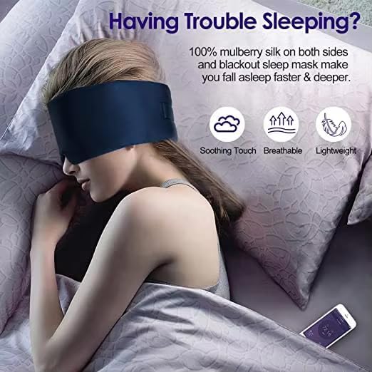 100% Mulberry Silk Sleep Mask, Large Adjustable Eye Cover for Sleeping, Comfortable, Pressure-Free and Breathable Sleeping Masks for Women Men - DarkBlue