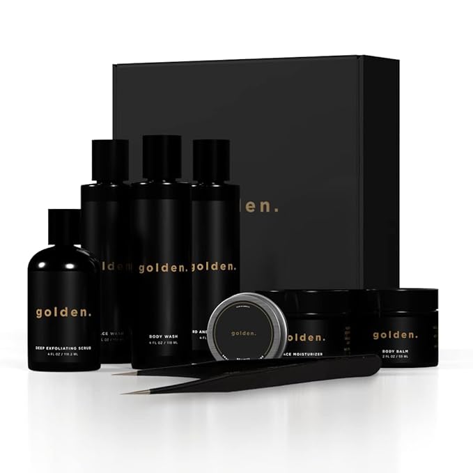 Golden Grooming Co. Bath and Body Skin Care Kit Gift Set for Men - with Deep Exfoliating Scrub, Face Wash, Moisturizer, Body Wash, 2 in 1 Beard and Hair Shampoo, Body Balm,Solid Cologne and Tweezers