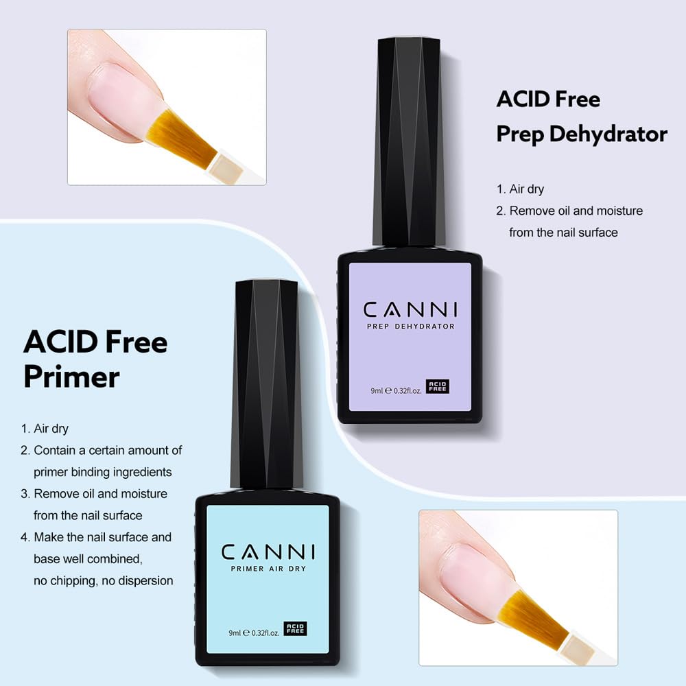 CANNI 2Pcs Acid Free Nail Dehydrator and Primer Set, Air Dry Nail Primer & Pre-dehydrator Nail Bond Gel Manicure Kit DIY at Home Salon Gifts