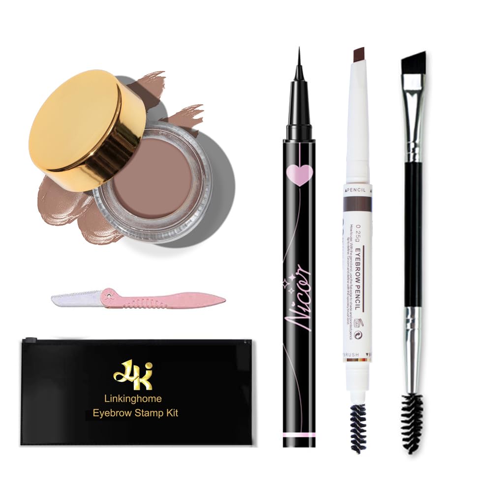 Upgraded Eyebrow Stamp Pencil Kit - Waterproof Eyebrow Pen, Black Eyeliner, Pomade, Customized Blade Brush and Razor