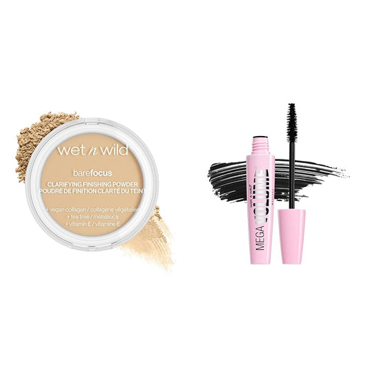 wet n wild Bare Focus Clarifying Finishing Powder Light-Medium & Mega Volume Waterproof Mascara Very Black 0.21 Ounce Bundle