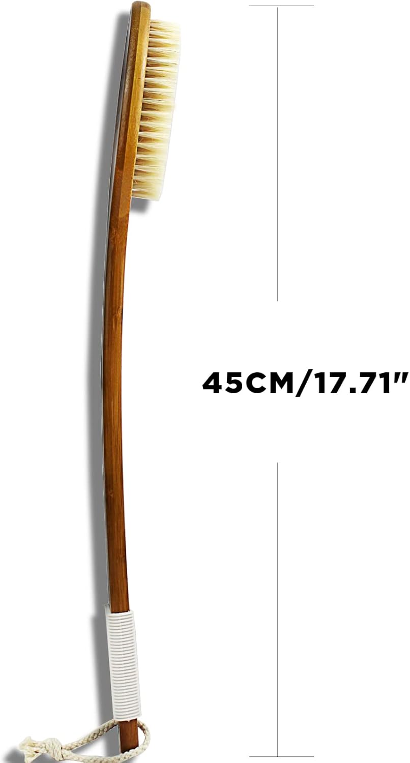 ICANdOIT-17.71Inch Natural Boar Bristles Anti-Slip Long Handle Bath Brush,Bent Handle Shower Scrubber for Exfoliating,Shower Back Brush,Exfoliation Set with Pumice Stone (1 Pack)