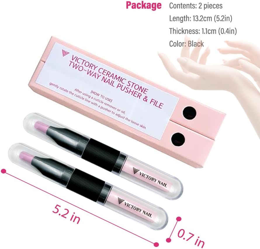 2PCS Victory Ceramic Stone Two-Way Nail Pusher & File (Black) Cuticle Trimmer Manicure Tools Professional Nail File Pumice Fingernail Files