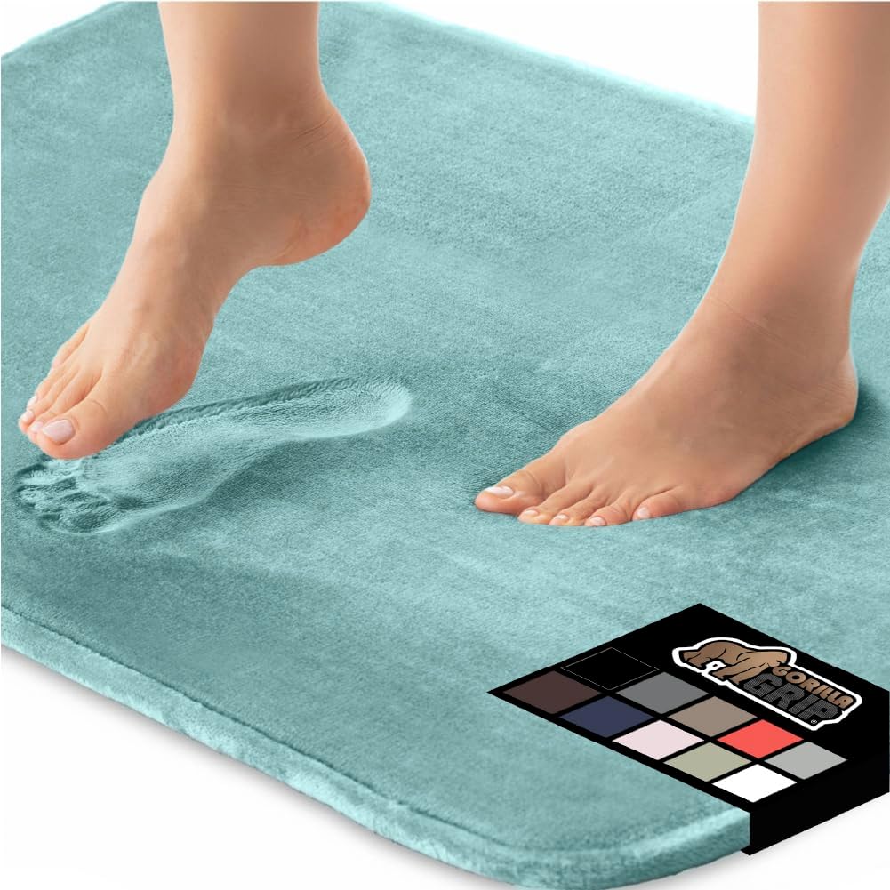GORILLA GRIP Memory Foam Bath Mat, Soft Absorbent Velvet Bathroom Mats, Durable Dots on Underside, Machine Washable Bathmat, Carpet Rug Room Decor for Shower Tub Floor RV, 30x20 Rugs, Seablue