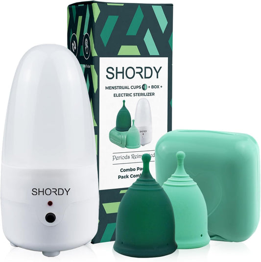 SHORDY Menstrual Cup and Steamer Sterilizer for Beginners Kit Set of 2 Period Cups (Small & Large) Electric Steam Sterilizer Cleaner for Easy Wash Heavy Flow Tampons Pads & Disc Alternative for Women