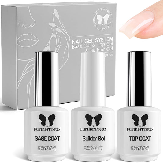 Builder Gel Nail Kit, 3PCS Set 15ml No Wipe Top Coat, Base Coat, and Nail Glue Gel for Nail Extension, UV LED Soak Off Gel Nail Polish Kit for Home Manicure and Professional Salon Use