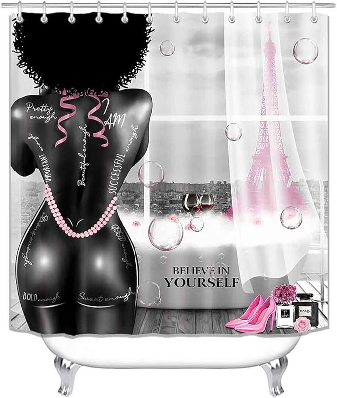 4PCS African American Black Girl Shower Curtain Set, Pink Eiffel Tower Sexy Black Woman Afro Girl Black and White Fashion Glam Modern Bathroom Decor, Non-Slip Bath Mat, Inspirational Gifts for Women