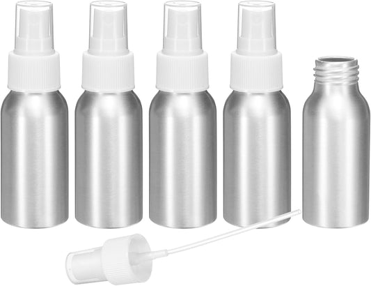 HARFINGTON 5pcs Aluminum Fine Mist Spray Bottles 50ml/1.7oz Metal Small Liquid Alcohol Refillable Travel Container with White Plastic Nozzle Cap for Perfume Skincare Cosmetic Storage Bottle