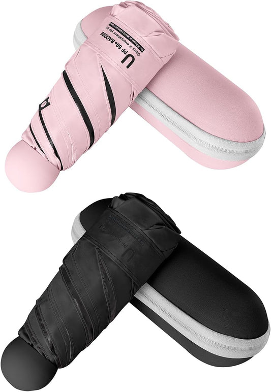 BAODINI Travel Essentials Mini Umbrella for Purse With Case Small Compact UV Sun Protection Lightweight Tiny Pocket Manual Open Close Umbrella for Women Kids and Men Fit Purse Backpack