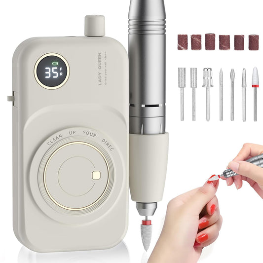 Portable Nail Drill Electric File: 35000RPM Professional Rechargeable Nail E File Machine,for Acrylic Nails Gel Polishing Removing, Cordless Efile with Bits Kit for Manicure Salon Home (White)