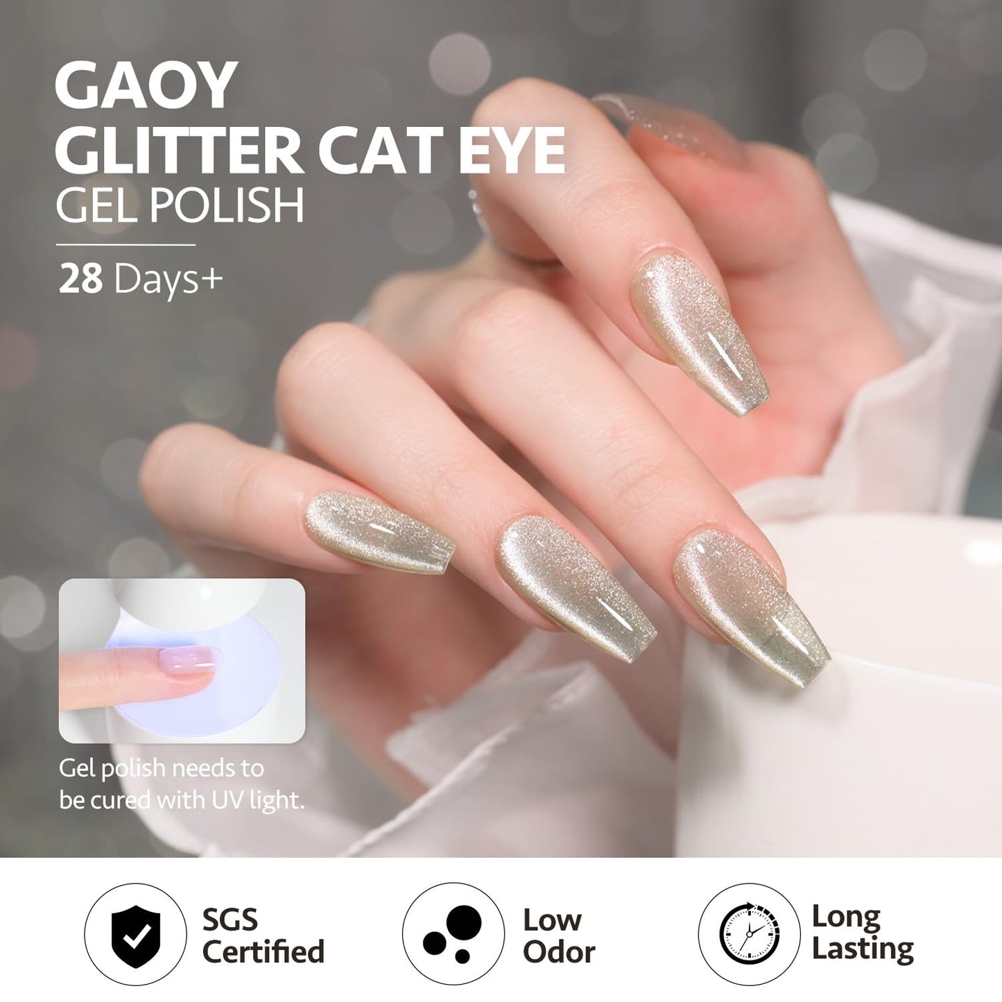 GAOY Glitter Cat Eye Gel Nail Polish Set with Magnet Pink Galaxy for Holographic Cat Eye, Salon Gel Manicure and Nail Art DIY at Home