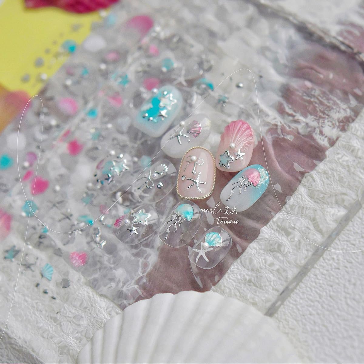 1 Sheets Summer Nail Stickers for Nails Art 5D Embossed Self-Adhesive Shell Starfish Nail Art Stickers Decals Silver Ocean Star Jellyfish Design Beach Nail Supplies for Women Manicure Accessories