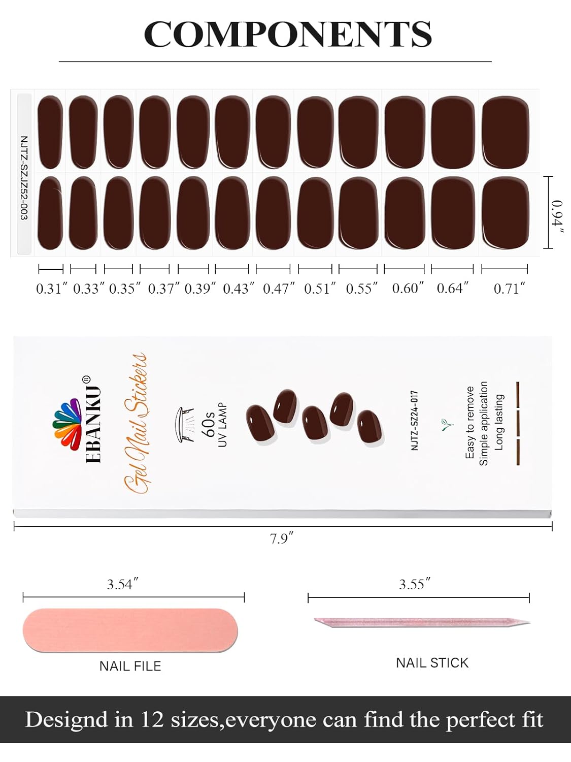 EBANKU 24Pcs Semi-Cured Gel Nail Strips,Chocolate Nail Sticker, Lasting Waterproof Full Wraps Stickers for Salon Manicures, Perfect for Women, Girl with Nails File and Nails Stick