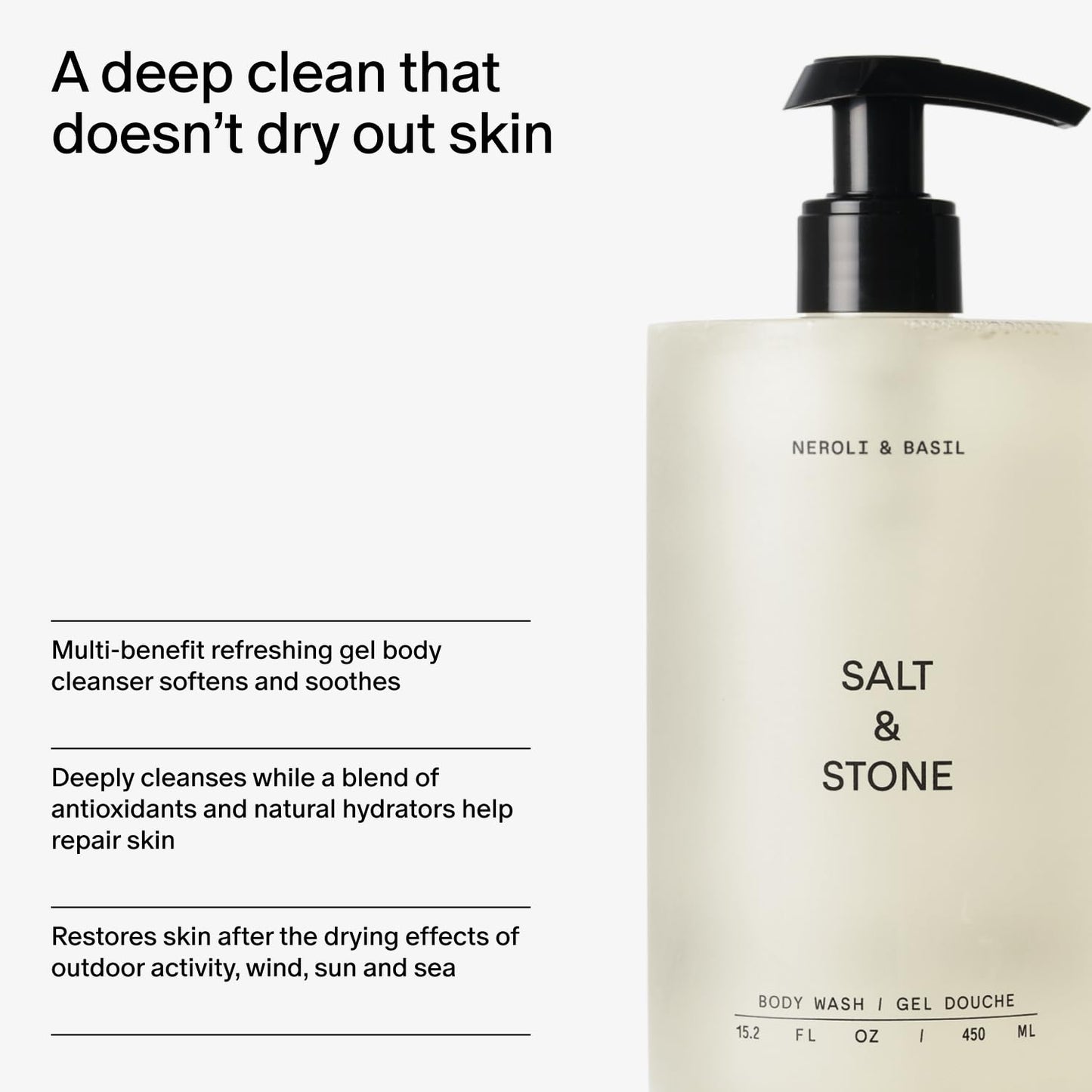 Salt & Stone Body Wash for Women & Men | Neroli & Basil | Hydrating Gel Cleanser | Clean & Soften Skin | Made with Niacinamide & Hyaluronic Acid | Free From Parabens, Sulfates & Pthalates (15.2 fl oz)