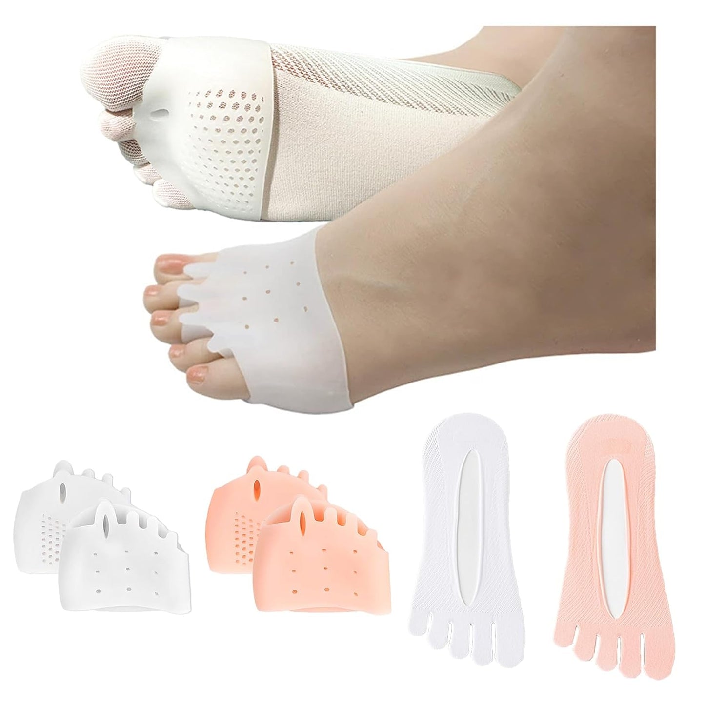 YIKESHU Silicone Toe Separators with 2 Pairs Toe Socks for Women, Toe Straightener, Yoga Toes Toe Separators for Overlapping Toes to Foot Pressure Relief (2pairs toe separators + 2pairs toe socks)