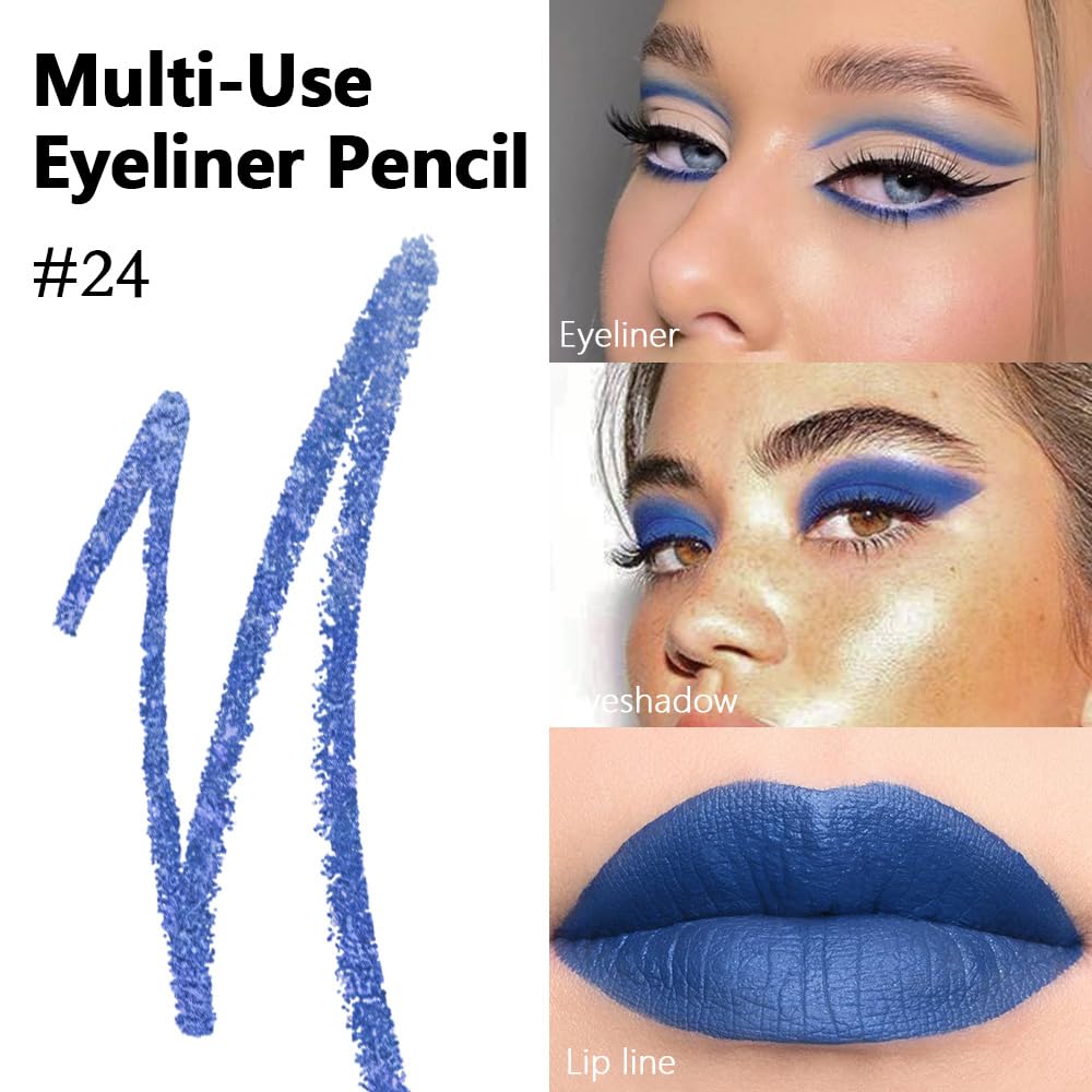 evpct Blue Eyeliner Pencils for Eyes, Navy Lake Ruby Blue Colored Eye Liner Pencil Pen Makeup Waterproof Smudge Proof, Colored Gel Waterline Eyeliner Liquid, Face Eye Paint Stick Halloween Makeup 24