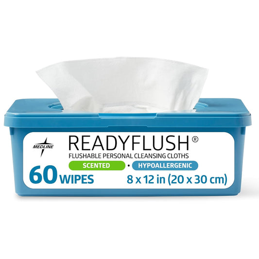Medline ReadyFlush Flushable Wipes (60 Wipes per Tub), Scented, Biodegradable Flushable Incontinence Wet Wipes for Adults with Aloe, Hypoallergenic & pH-Balanced Personal Cleansing Cloths