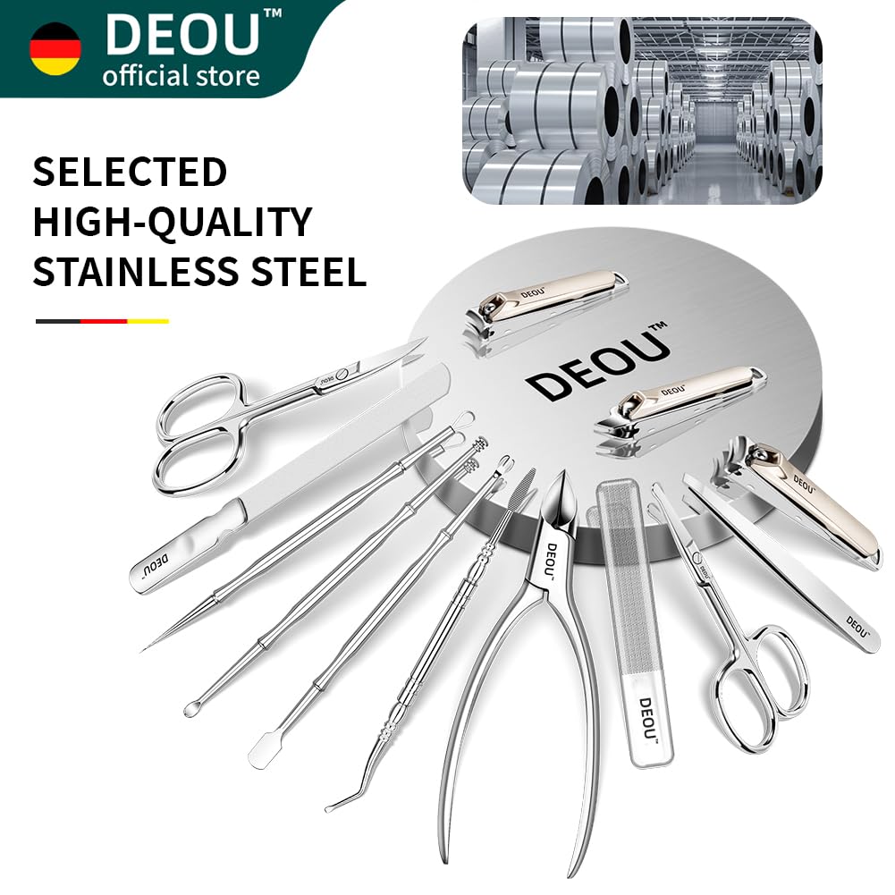DEOU 13pcs Nail Grooming Kit Stainless Steel Professional Manicure Set Men Nail Care Tools with woman Luxurious Portable Travel Case Gift (Gray)