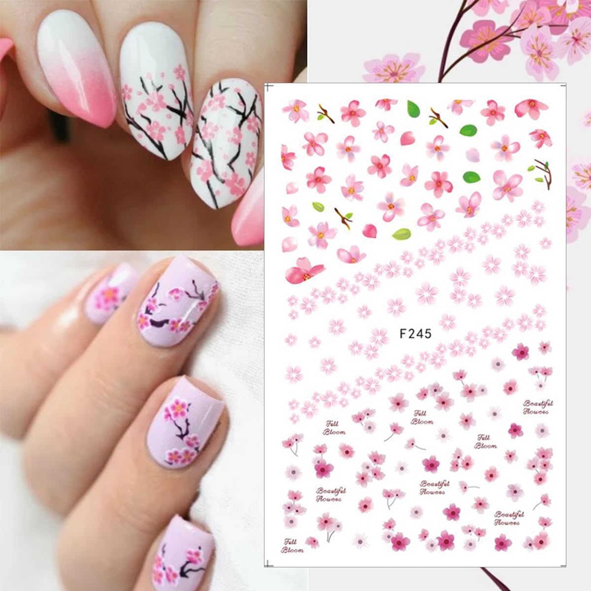 Flower Nail Art Stickers Decal 8 Sheets Pink Cherry Blossoms Nail Stickers 3D Self Adhesive Beautiful Petals Leaf Nail Art Design Supplies for Acrylic Nail Women Girls Manicure DIY Supplies