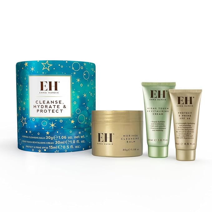 Emma Hardie Cleanse, Hydrate & Protect Gift Set: 30ml Moringa Cleansing Balm, 30ml Midas Touch Revitalising Cream & 15ml Protect & Prime SPF30 Sunscreen Face Moisturiser, Natural & Cruelty Free